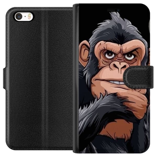 Kompatibel Tegnebogsetui til Apple iPhone SE (2016) Illustreret chimpanse med cigar, der viser langfingeren mod sort baggrund sort