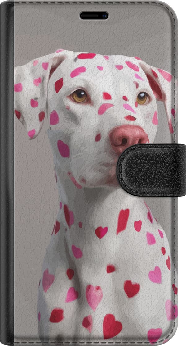 Kompatibel Tegnebogsetui til Apple iPhone 7 Plus Hvid hund med lyserøde hjerteformede pletter og lyserød snude på grå baggrund hvid