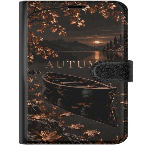 Kompatibel Tegnebogsetui til Apple iPhone Duo Mørk efterårssø med robåd, brune blade, bjerge og teksten ”Autumn” brun