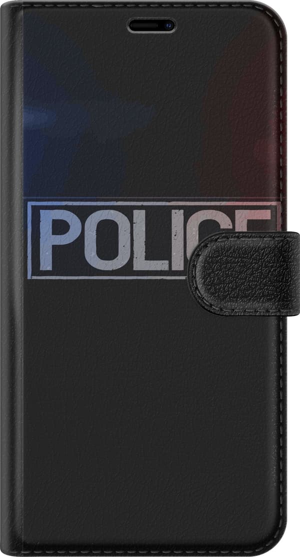 Kompatibel Tegnebogsetui til Apple iPhone 12 Sølvgrå Police-tekst i en rektangulær ramme med rødblåt lys på sort baggrund sort