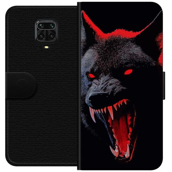 Kompatibel Tegnebogsetui til Xiaomi Redmi Note 9 Pro Dramatisk ulveportræt med lysende røde øjne og blottede tænder mod sort baggrund sort