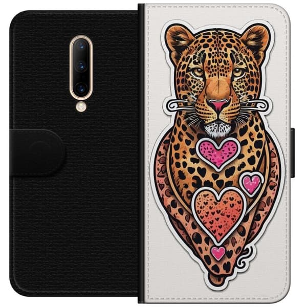 Kompatibel Tegnebogsetui til OnePlus 7 Pro Illustreret leopard med lyserøde og orange hjerter, sorte pletter og dekorative detaljer orange