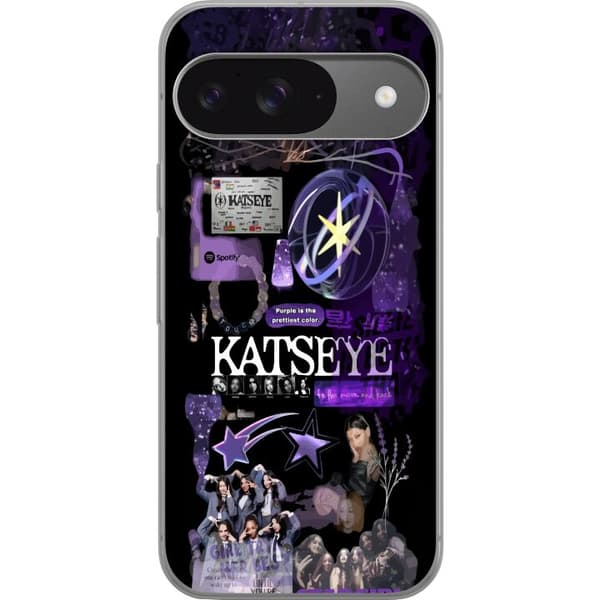 Kompatibelt Mobildeksel til Google Pixel 9 Pro KATSEYE i lilla collage med gruppebilder, stjerner, logo og glitrende nostalgiske detaljer lila