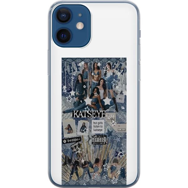 Kompatibelt Mobildeksel til Apple iPhone 12 mini KATSEYE i blågrå collage med gruppebilder, hvite stjerner, grafisk tekst og retroinspirerte detaljer blå