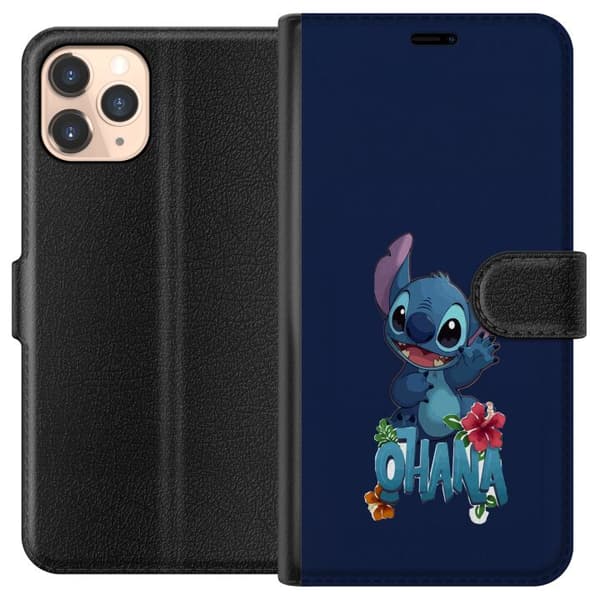 Kompatibel Tegnebogsetui til Apple iPhone 11 Pro Charmerende blå tegnet figur, der vinker over tekst og tropiske hibiscusblomster mod mørkeblå baggru blå