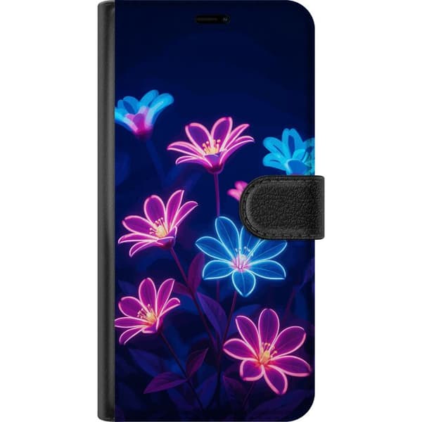 Kompatibel Tegnebogsetui til Apple iPhone 6 Blåt og lyserødt motiv med lysende neonblomster mod mørk baggrund blå