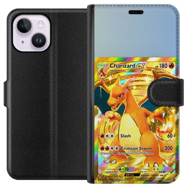 Kompatibel Tegnebogsetui til Apple iPhone 14 Plus Gylden Charizard EX samlerkort med regnbueeffekter guld