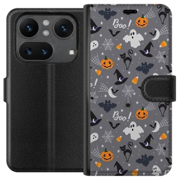 Kompatibel Tegnebogsetui til Nothing Phone 4a Pro Halloweenmønster med spøgelser, sorte katte, græskar, flagermus og edderkoppespind grå