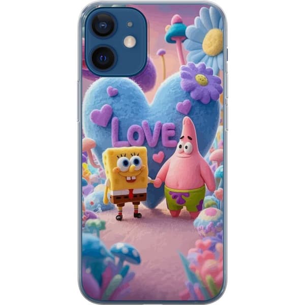 Kompatibel Mobilcover til Apple iPhone 12 mini SvampeBob og Patrick-kærlighed, pasteldesign med farverige hjerter, blomster og positiv energi