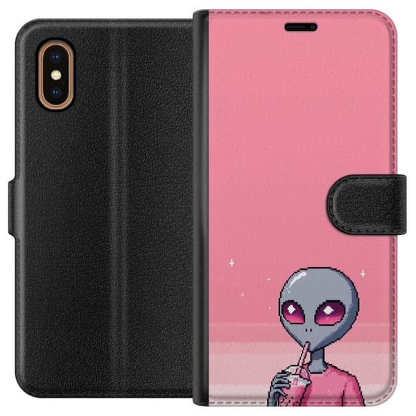 Kompatibelt Plånboksfodral till Apple iPhone XS Max Pixelalien med rosa dryck rosa