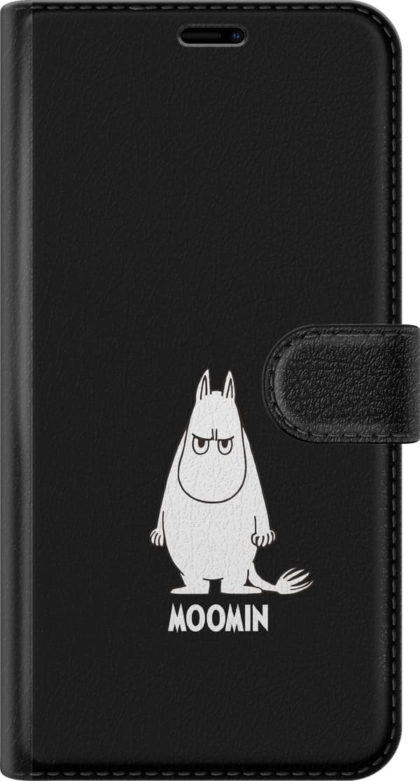 Kompatibel Tegnebogsetui til Apple iPhone 16 Mumitrolden i hvid illustration med tekst på sort baggrund sort