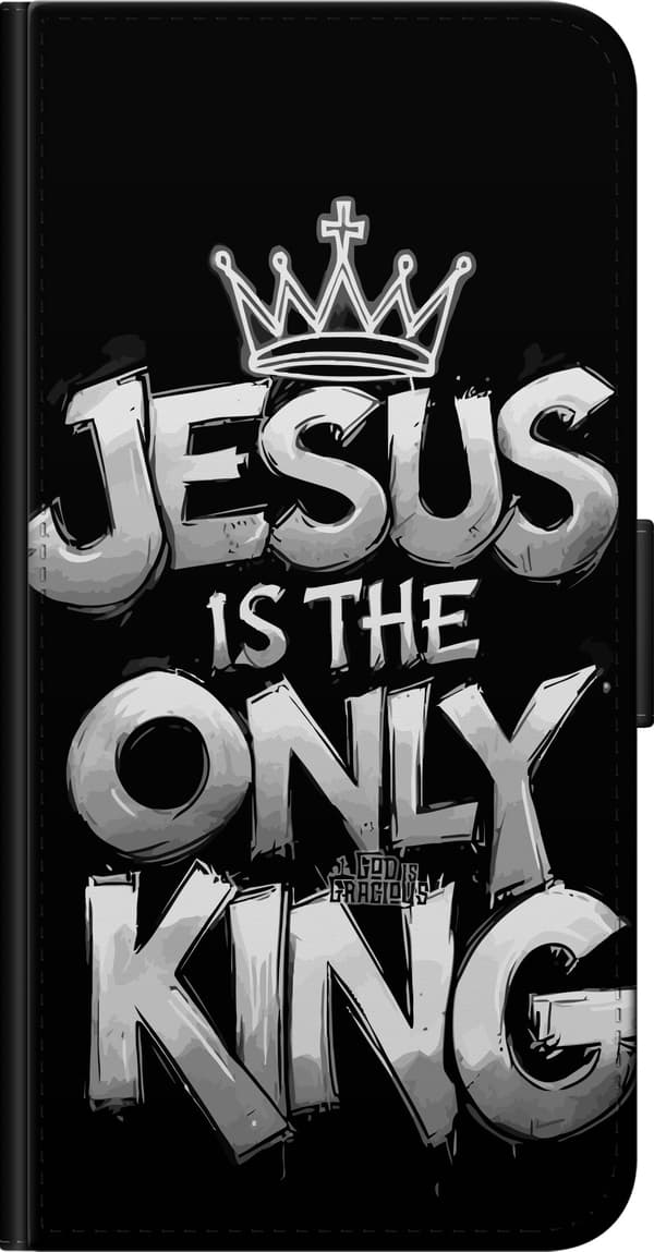 Kompatibel Tegnebogsetui til OnePlus 9 Pro Hvidt "Jesus Is The Only King"-citat med krone på sort baggrund sort