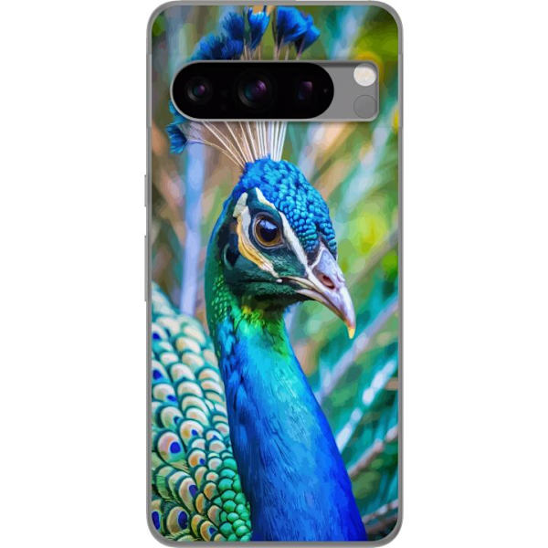 Google Pixel 8 Pro Genomskinligt Skal Påfågel Fjädrar Färgstark Design Fågelmotiv Exotiskt Grafiskt Motiv Natur Lyxig Dekoration