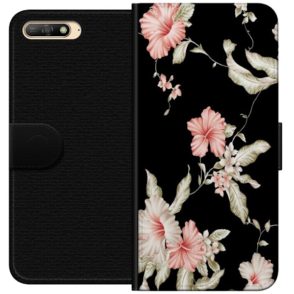 Huawei Y6 (2018) Tegnebogsetui Floral Mønster Sort