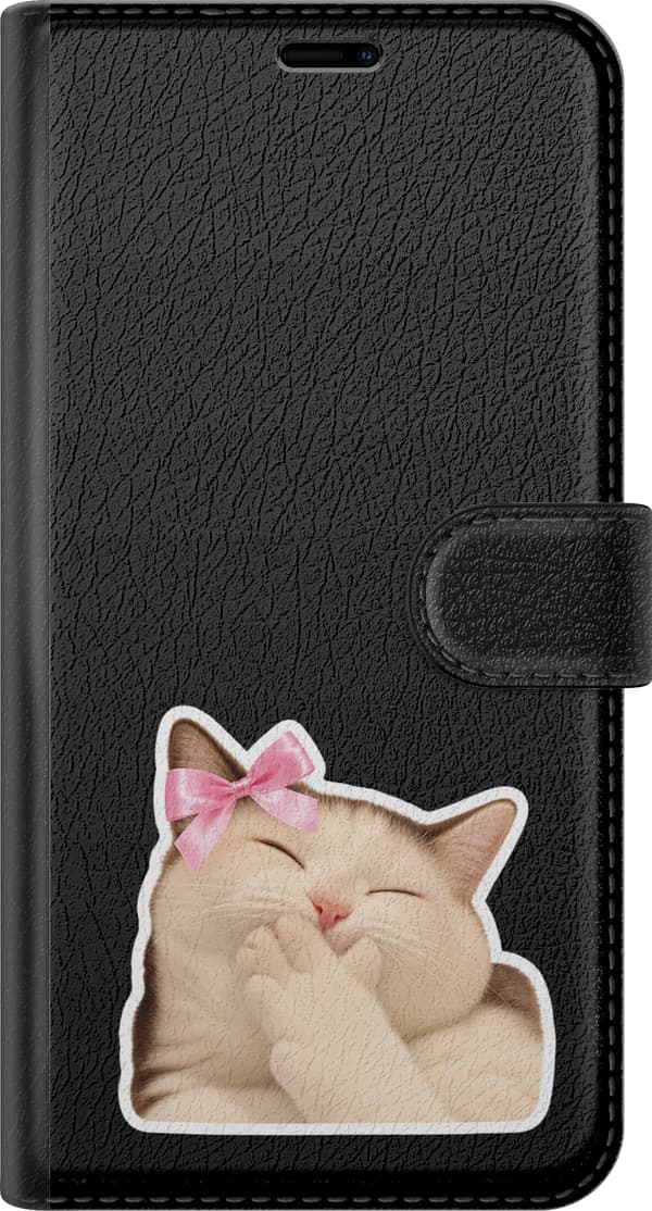 Kompatibelt Lommeboketui til Apple iPhone 12 Pro Sovende sløyfekatt - Beige motiv med sovende katt med rosa sløyfe. beige