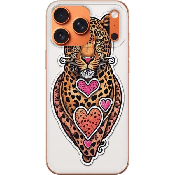 Kompatibel Mobilcover til Apple iPhone 18 Pro Max Illustreret leopard med lyserøde og orange hjerter, sorte pletter og dekorative detaljer orange