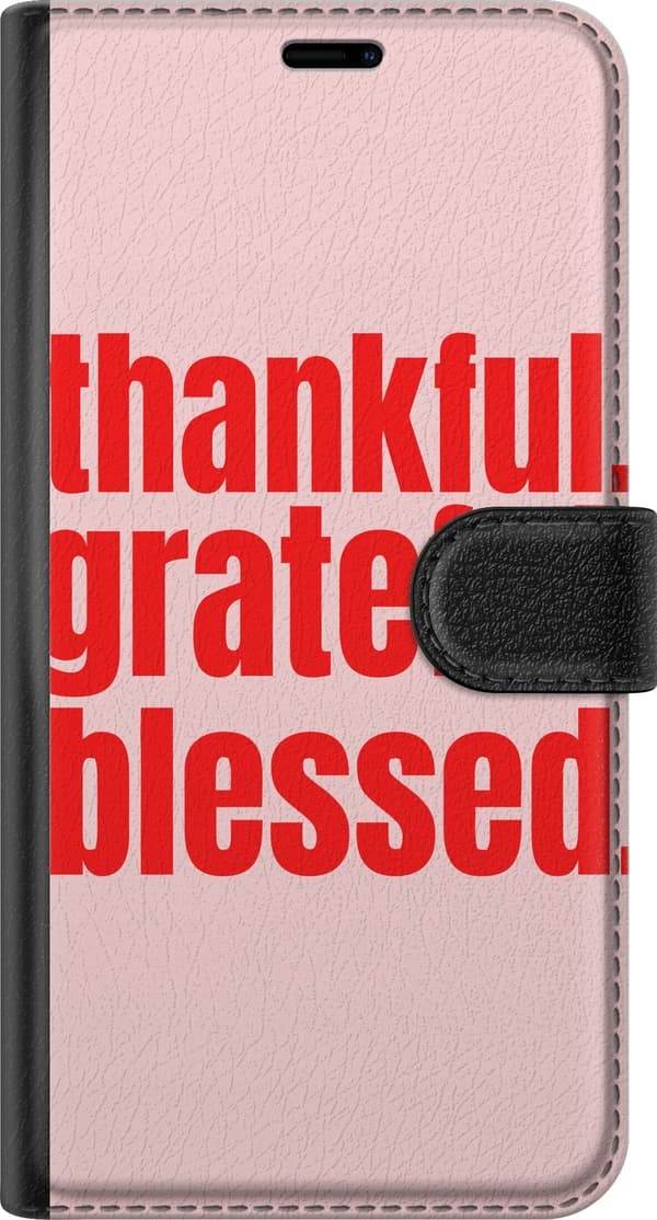 Kompatibel Tegnebogsetui til Apple iPhone 18 Pro Rød tekst med ordene thankful grateful blessed på lyserød baggrund pink