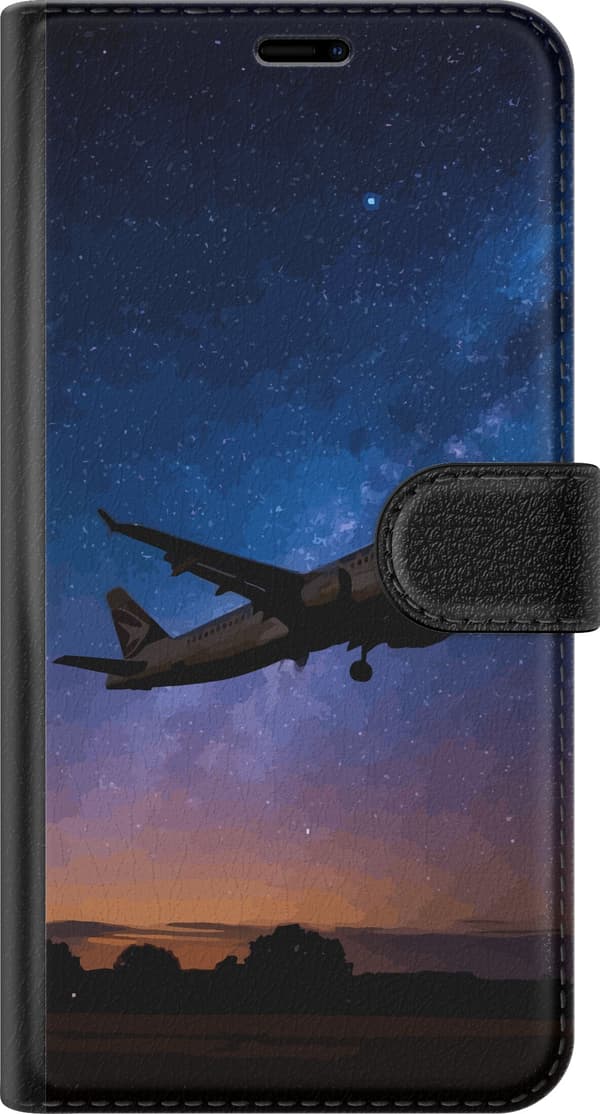Kompatibelt Plånboksfodral till Apple iPhone 8 Plus Passagerarflygplan i silhuett mot blå stjärnhimmel med varm horisont blå