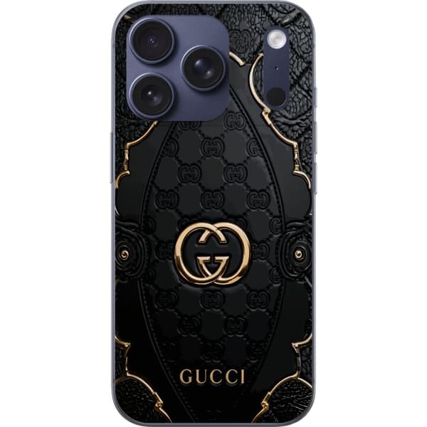 Kompatibel Mobilcover til Apple iPhone 18 Pro Sort quiltet monogrammønster med dekorative gulddetaljer og emblem sort