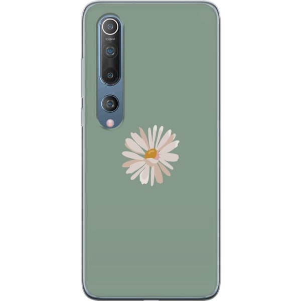 Xiaomi Mi 10 5G Genomskinligt Skal Grön Minimalblomma – stilren blomma på grön bakgrund