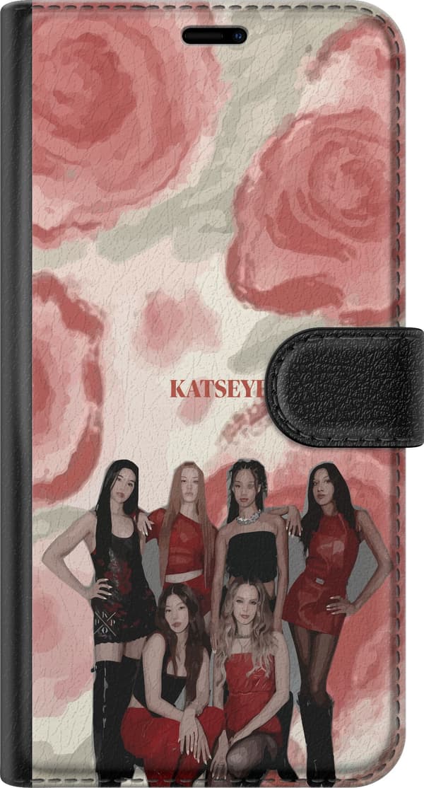Kompatibel Tegnebogsetui til OnePlus 8 Pro KATSEYE i elegant gruppeportræt med røde og sorte outfits mod en blød abstrakt baggrund rød