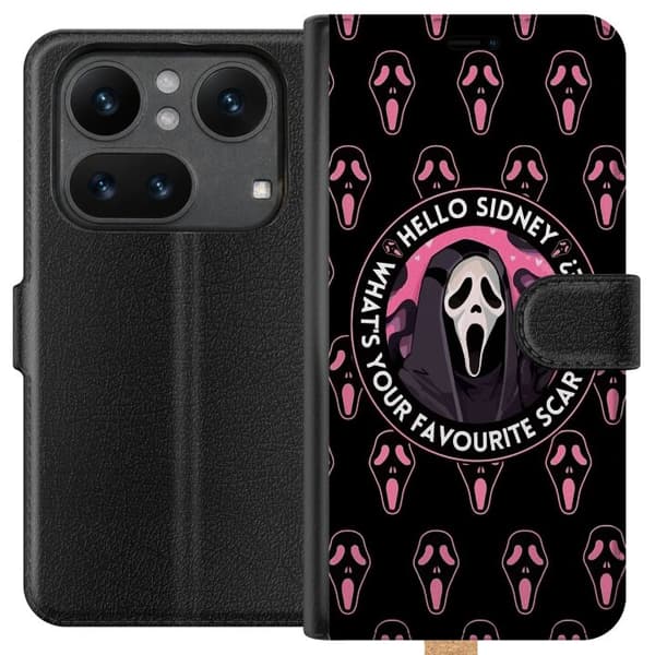Kompatibel Tegnebogsetui til Nothing Phone (4a) Sort og rosa skrækmotiv med maskerede figurer og teksten Hello Sidney sort
