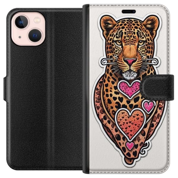 Kompatibel Tegnebogsetui til Apple iPhone 13 mini Illustreret leopard med lyserøde og orange hjerter, sorte pletter og dekorative detaljer orange
