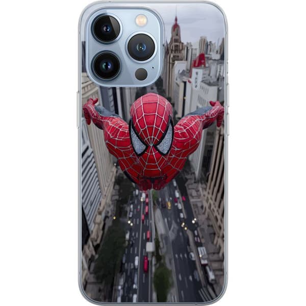 Kompatibelt Mobildeksel til Apple iPhone 13 Pro Spiderman flyr over by Marvel-superhelt actionscene bysilhuett dynamisk positur tegneseriehelt rød dr