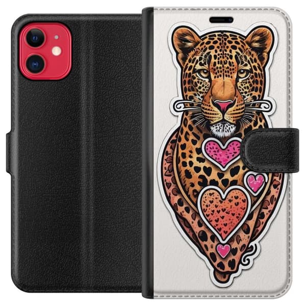 Kompatibel Tegnebogsetui til Apple iPhone 11 Illustreret leopard med lyserøde og orange hjerter, sorte pletter og dekorative detaljer orange