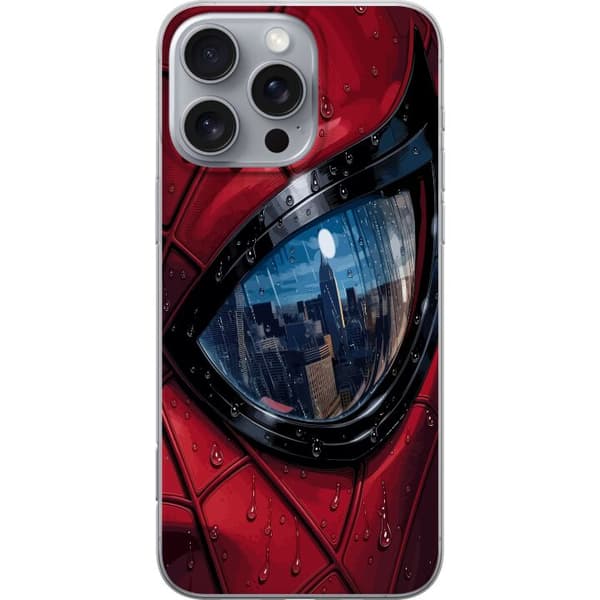 Kompatibelt Mobildeksel til Apple iPhone 16 Pro Max Nærbilde av Spider-Man-maske med regndråper og byrefleksjon i øyet rød