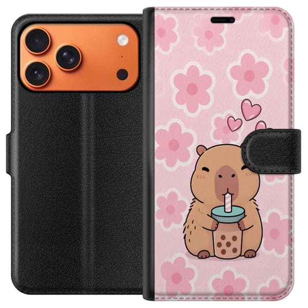 Kompatibel Tegnebogsetui til Apple iPhone 17 Pro Max Sød tegnet kapybara, der drikker bubble tea blandt lyserøde blomster og skinnende hjerter på lys pink