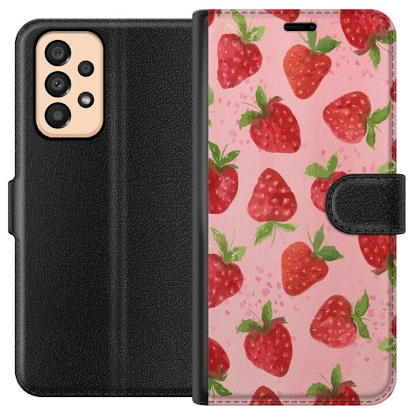 Samsung Galaxy A33 5G Plånboksfodral Strawberry Dreams – jordgubbsmönster i retrostil