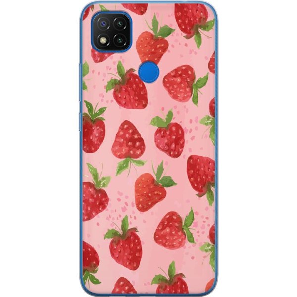 Xiaomi Redmi 9C NFC Genomskinligt Skal Strawberry Dreams – jordgubbsmönster i retrostil
