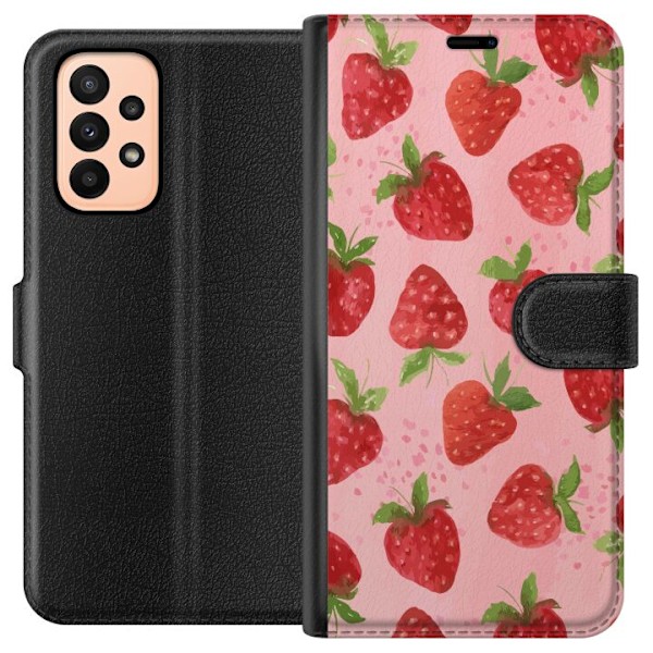 Samsung Galaxy A23 Plånboksfodral Strawberry Dreams – jordgubbsmönster i retrostil