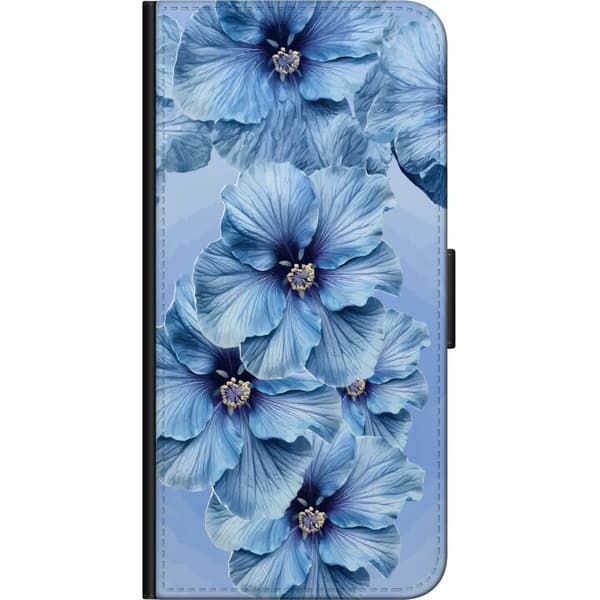 Kompatibel Tegnebogsetui til Samsung Galaxy A20s Store lyseblå blomster med mørkeblå centre mod blå baggrund blå