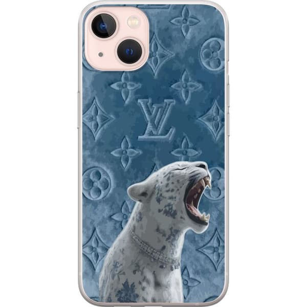 Kompatibelt Mobildeksel til Apple iPhone 13 mini Eksklusiv hvit leopard med blå detaljer og elegant mønstret bakgrunn blå