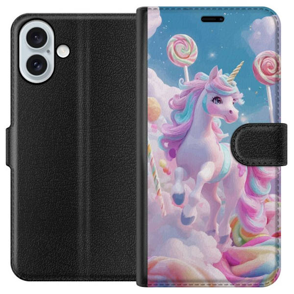 Apple iPhone 16 Plus Plånboksfodral Enhörning Candy Pastell Kawaii Motiv Söt Populär Färg Grafiskt Trend Barn Motiv Fantasy Art