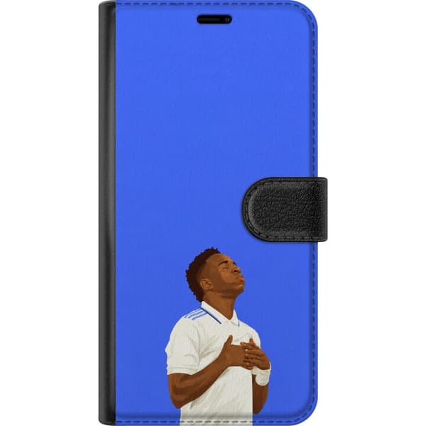 Kompatibel Tegnebogsetui til Apple iPhone 13 Pro Max Vinícius blå - Vinícius Júnior i hvid kamptrøje med hånden over brystet mod blå baggrund blå