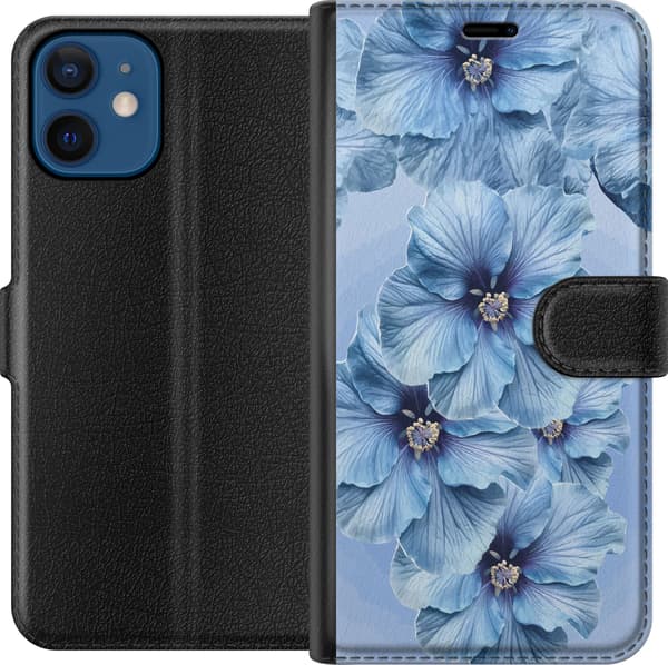 Kompatibel Tegnebogsetui til Apple iPhone 12 mini Store lyseblå blomster med mørkeblå centre mod blå baggrund blå