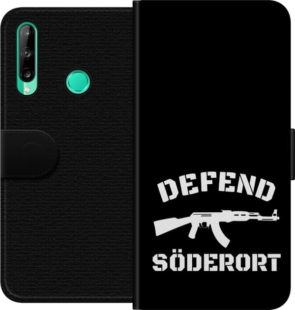 Kompatibel Tegnebogsetui til Huawei P40 lite E Sort Söderort - hvidt områdeslogan og hvid våbensilhuet på sort baggrund sort
