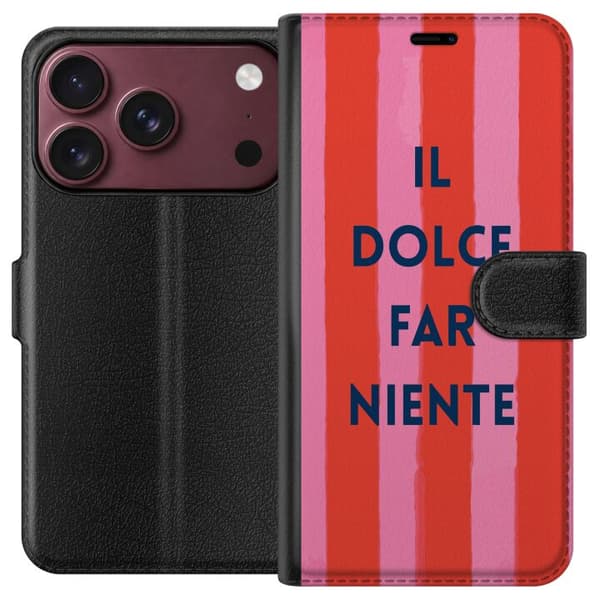 Kompatibel Tegnebogsetui til Apple iPhone 18 Pro Teksten Il Dolce Far Niente i mørkeblåt mod håndmalede rosa og røde striber pink