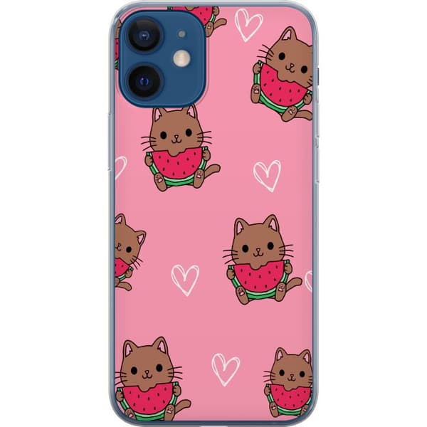 Kompatibelt Mobildeksel til Apple iPhone 12 Katt med vannmelon på rosa bakgrunn