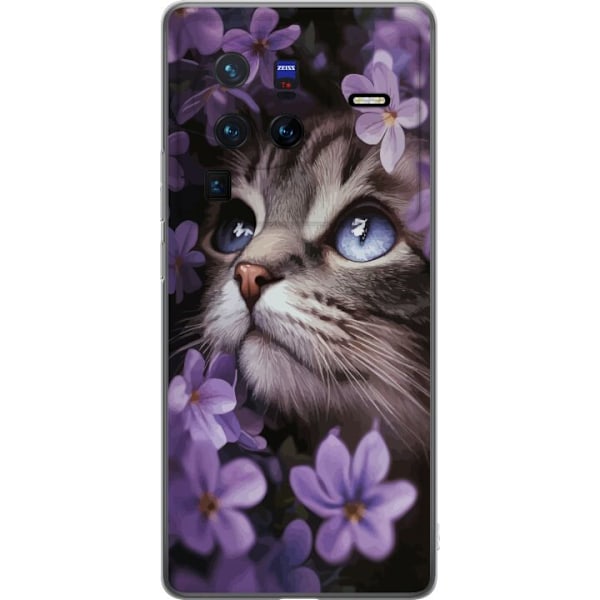 vivo X80 Pro Genomskinligt Skal Kat och blommor