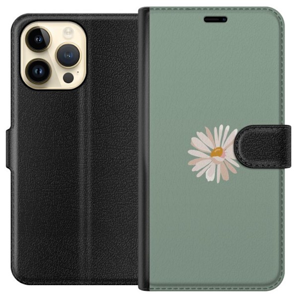 Apple iPhone 15 Pro Max Plånboksfodral Grön Minimalblomma – stilren blomma på grön bakgrund