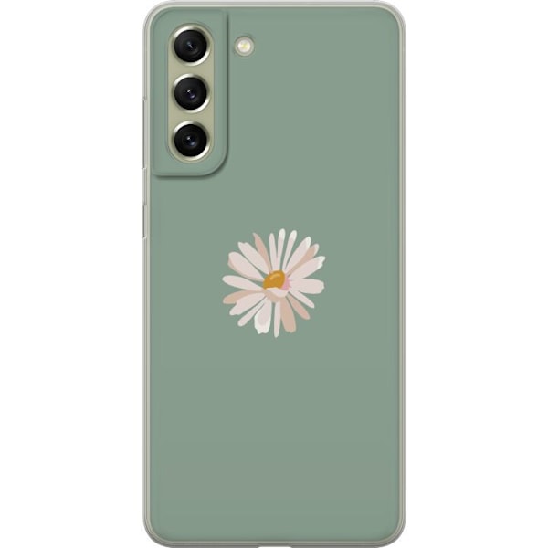 Samsung Galaxy S21 FE 5G Genomskinligt Skal Grön Minimalblomma – stilren blomma på grön bakgrund