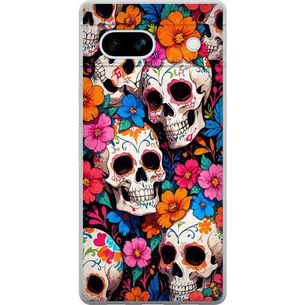 Kompatibelt Mobilskal till Google Pixel 7a Sugar Skull Pattern med Färgglada Blommor Mexikansk Stil
