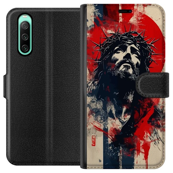 Sony Xperia 10 IV Lompakkokotelo Jeesus ristillä - kristillinen aihe vahvalla symboliikalla uskosta ja toivosta