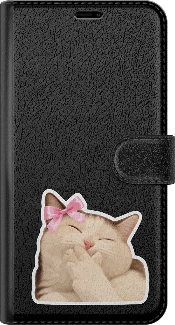Kompatibel Tegnebogsetui til Google Pixel 11 Pro XL Sovende sløjfekat - Beige motiv med sovende kat med lyserød sløjfe. beige