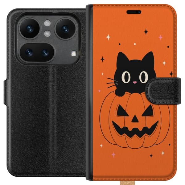 Kompatibel Tegnebogsetui til Nothing Phone (4a) Sort kat og halloween-græskar med stjerner på orange baggrund orange