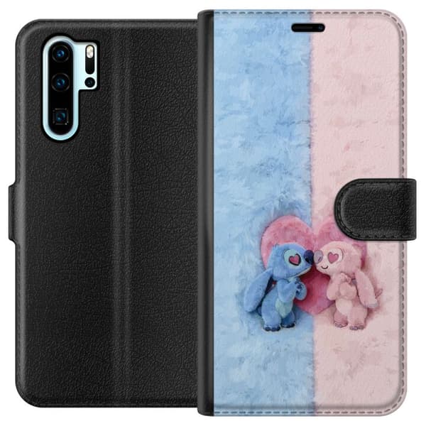 Kompatibel Tegnebogsetui til Huawei P30 Pro Søde blå og lyserøde figurer foran et stort lyserødt hjerte pink